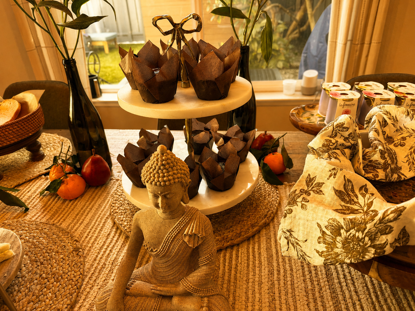 Buddha figure in foreground, two-tier muffin stand behind — the visual center of the table composition