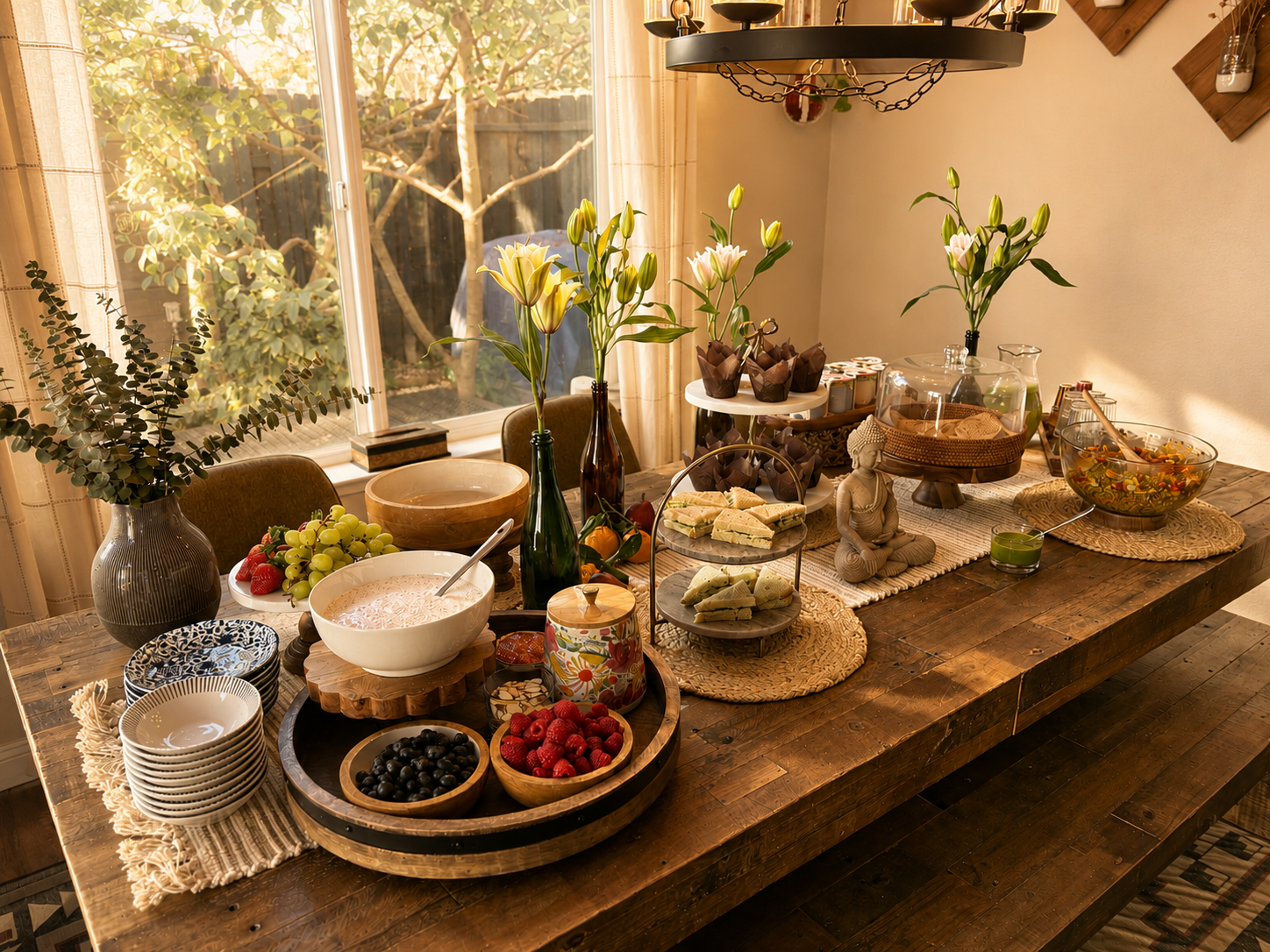 The full yoga brunch table — lily stems in dark bottles, Buddha figure as visual anchor, woven textures throughout