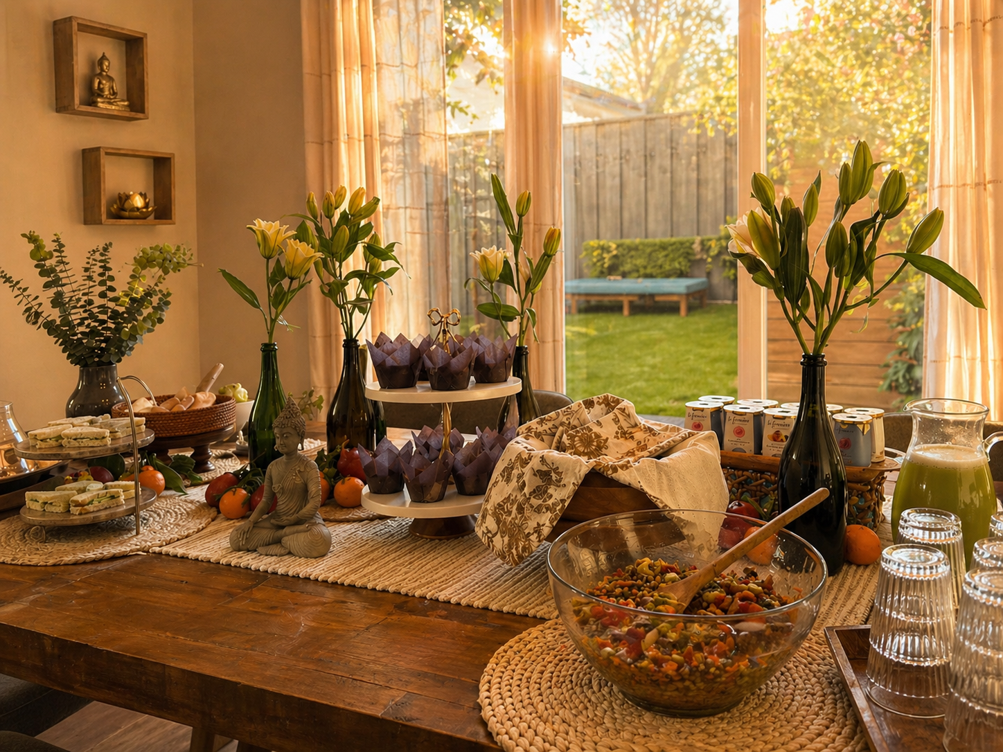 Indoor golden hour brunch spread