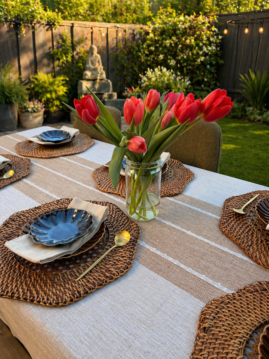 Outdoor tulip table setting with woven placemats