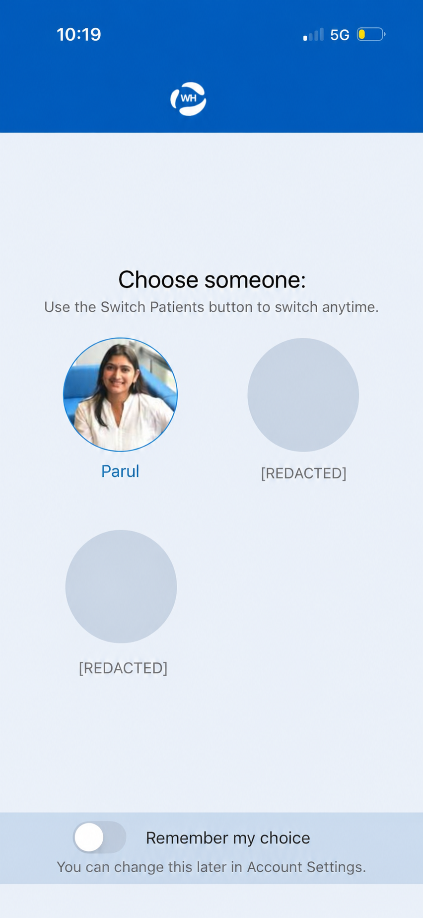 Patient selection screen showing three equal-weight profile circles