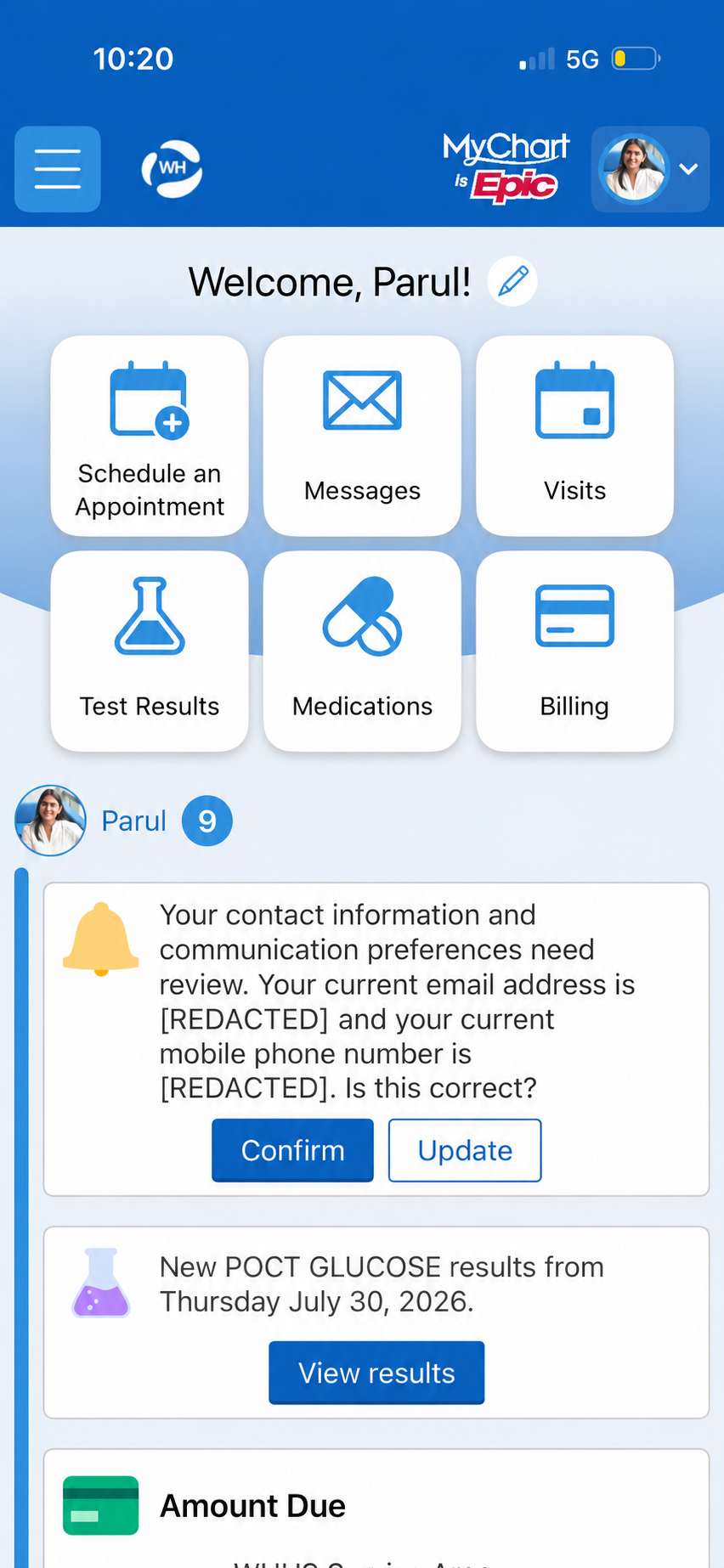 MyChart home screen showing mixed-priority cards with identical visual weight
