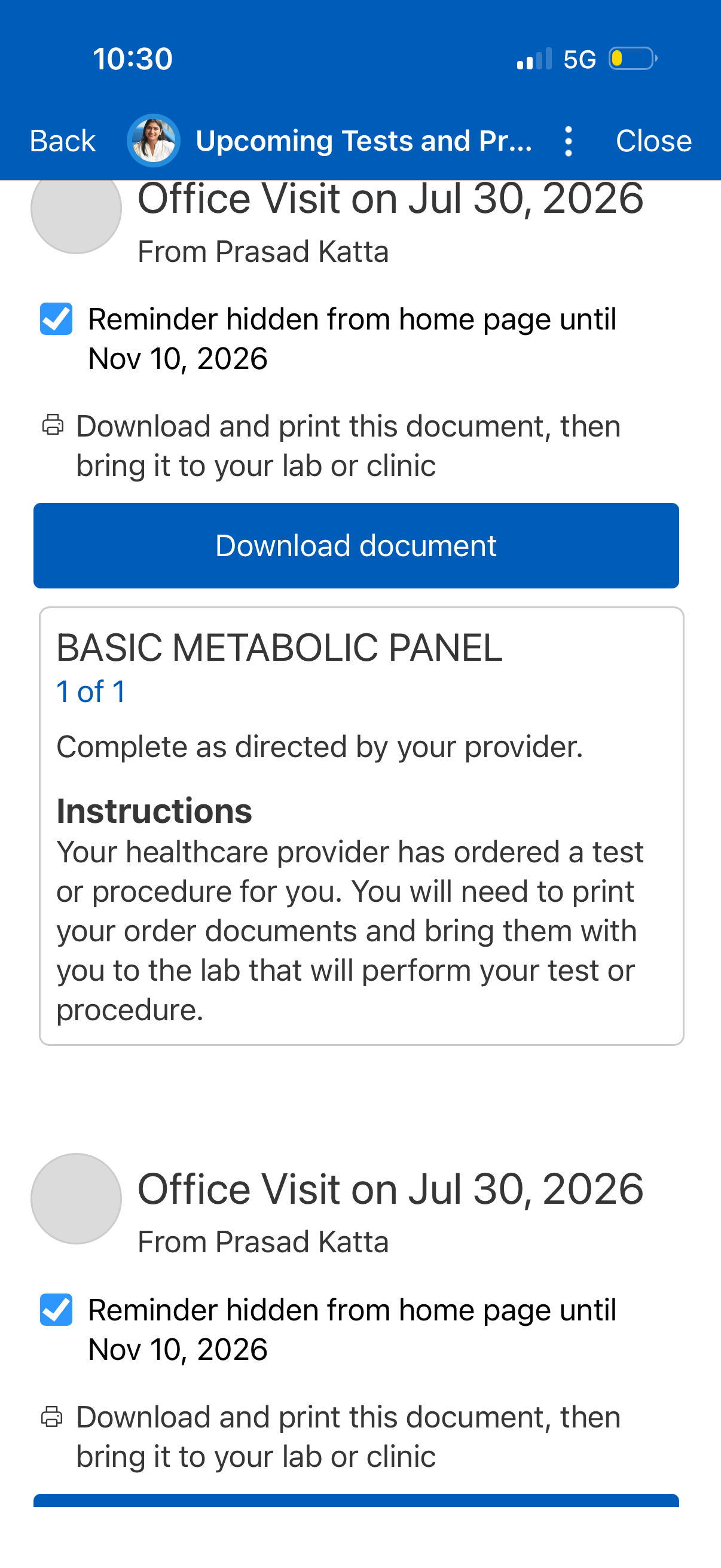 Upcoming Tests card showing full clinical instructions expanded by default