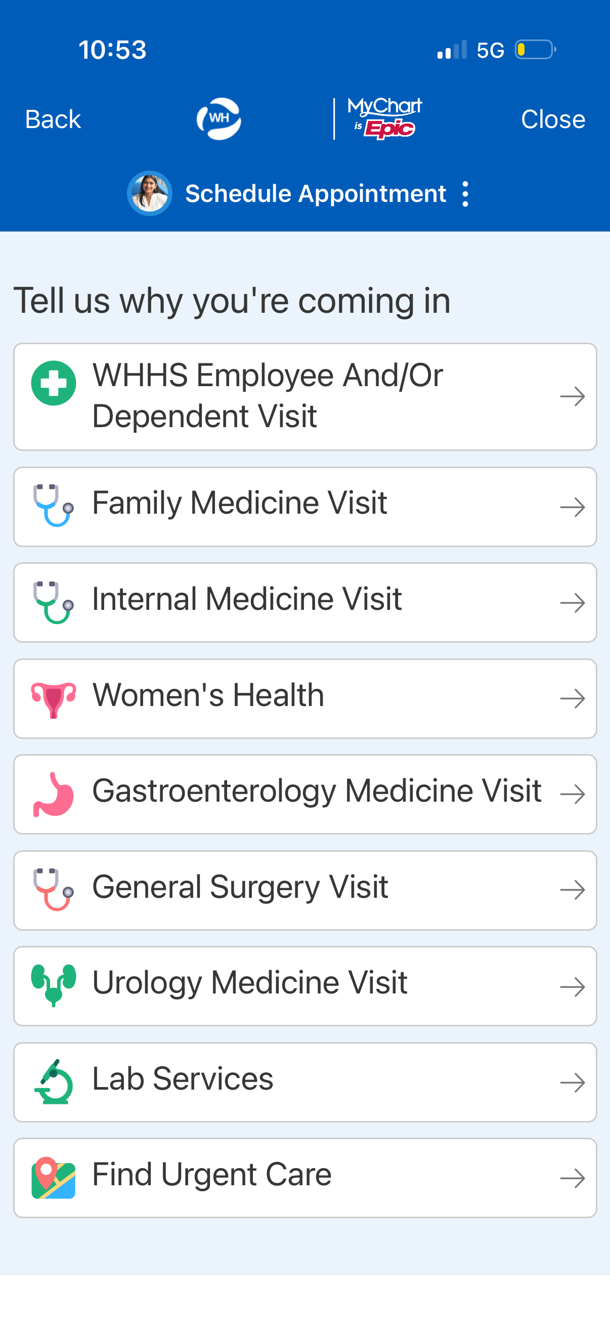 Specialty selection screen with no provider-first option