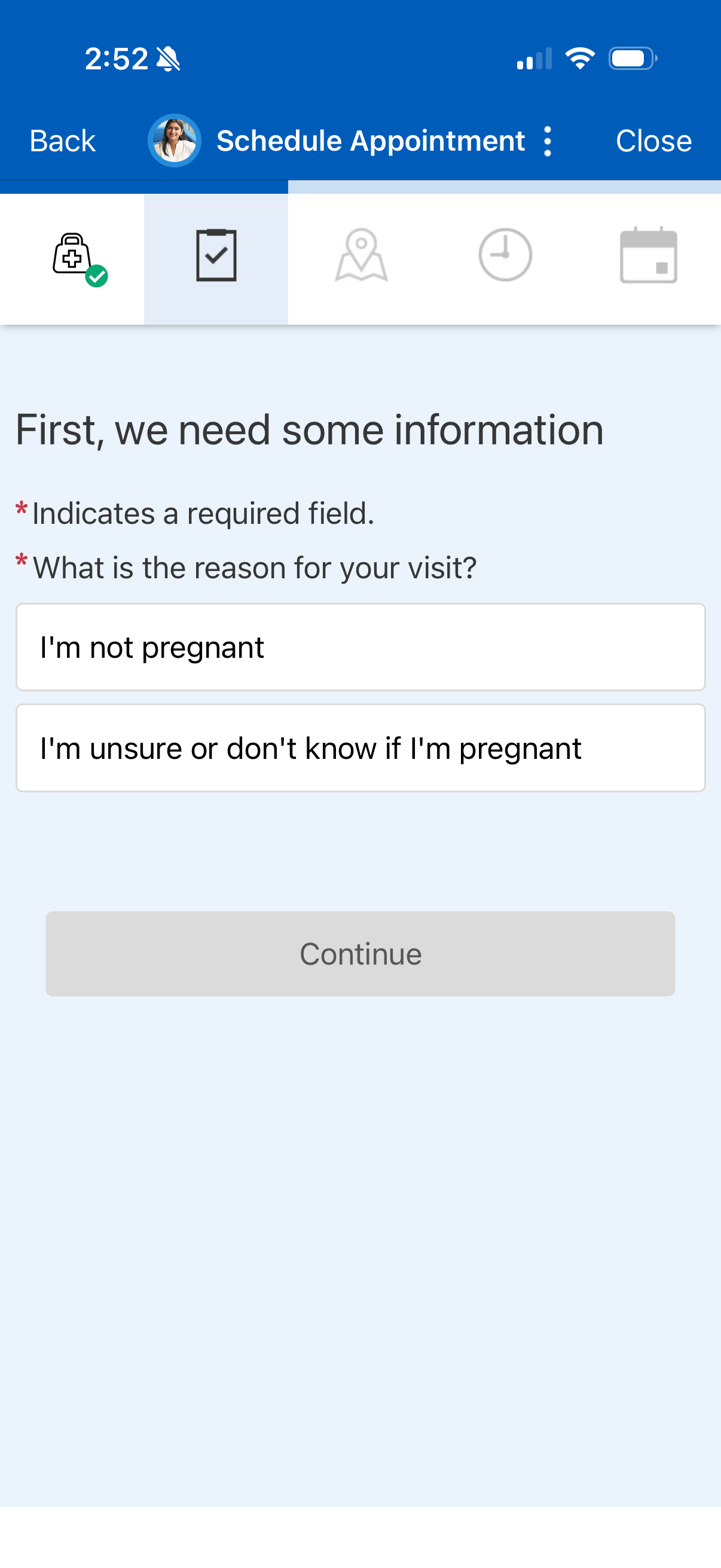 Women's Health flow asking pregnancy status before checking availability
