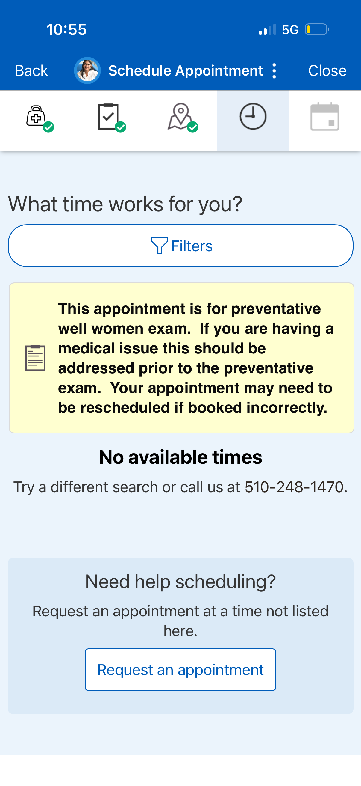 Schedule appointment screen showing No available times with no useful recovery path