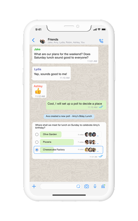 WhatsApp group chat showing a poll with voting options inline